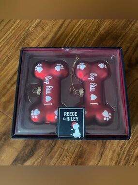 NWT New Reece & Riley Red Dog Bone Ornaments Set of 2 Christmas Holiday Decor
